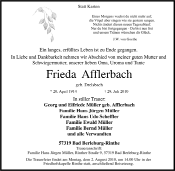 Traueranzeige von Frieda Afflerbach von Tageszeitung