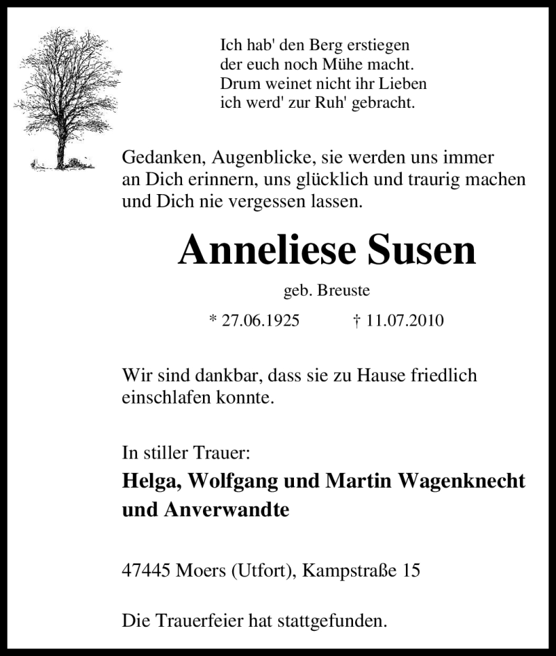  Traueranzeige für Anneliese Susen vom 15.07.2010 aus Tageszeitung