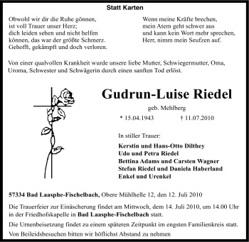 Traueranzeige von Gudrun-Luise Riedel von Tageszeitung