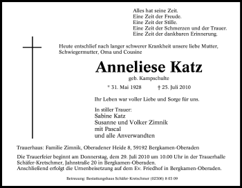 Traueranzeige von Anneliese Katz von Tageszeitung