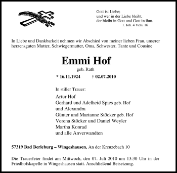Traueranzeige von Emmi Hof von Tageszeitung