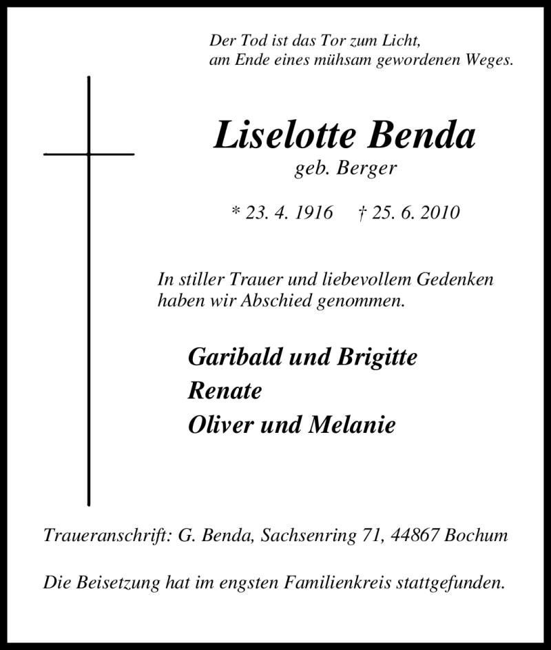  Traueranzeige für Liselotte Benda vom 03.07.2010 aus Tageszeitung