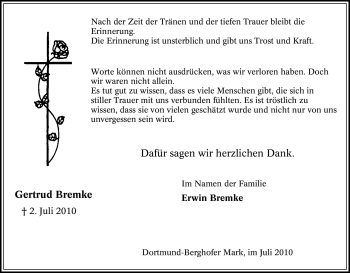 Traueranzeige von Gertrud Bremke von Tageszeitung