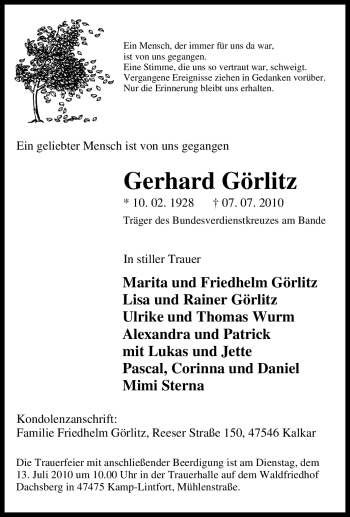 Traueranzeige von Gerhard Görlitz von Tageszeitung