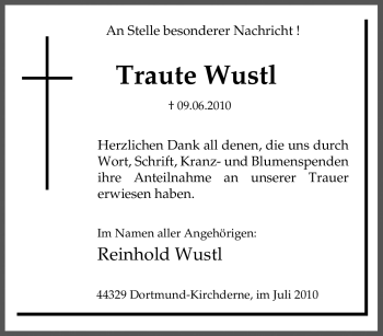 Traueranzeige von Traute Wustl von Tageszeitung