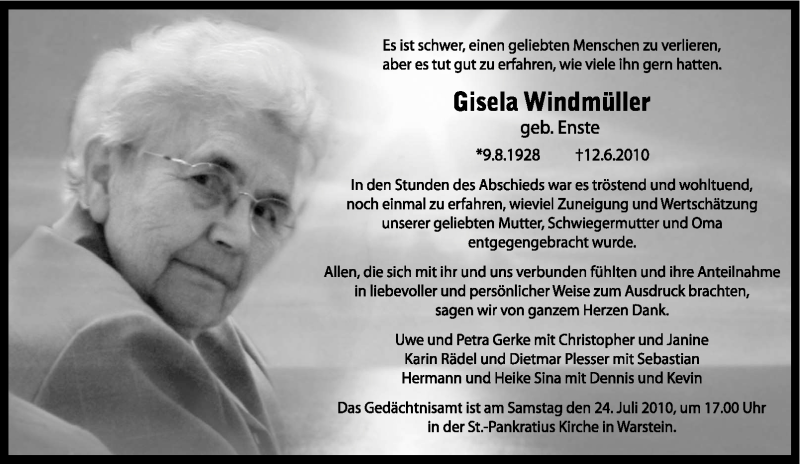  Traueranzeige für Gisela Windmüller vom 17.07.2010 aus Tageszeitung