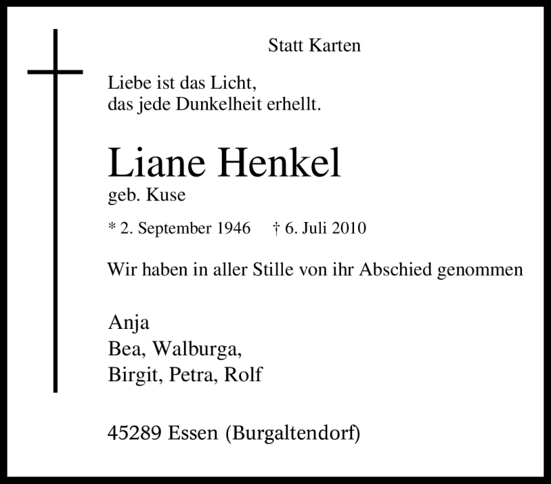  Traueranzeige für Liane Henkel vom 09.07.2010 aus Tageszeitung