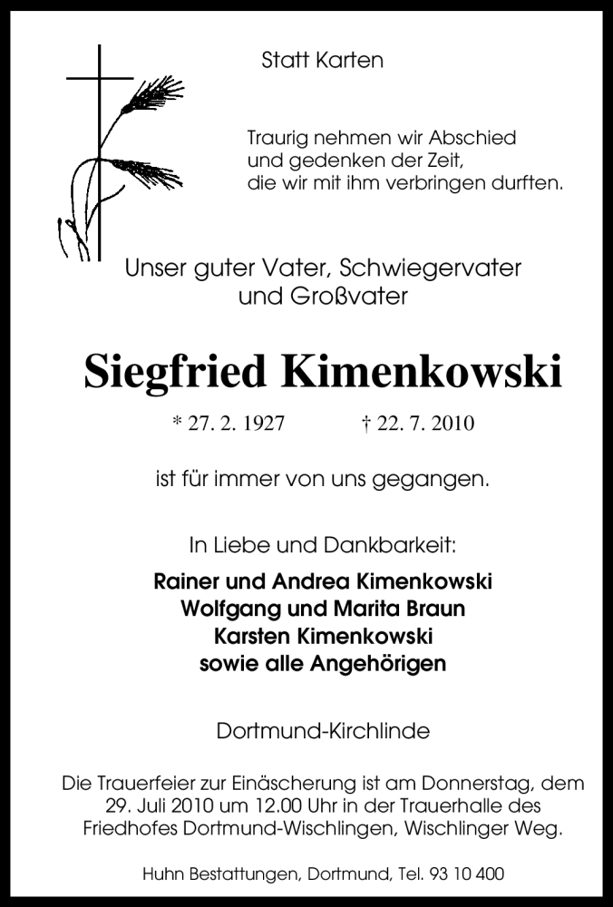  Traueranzeige für Siegfried Kimenkowski vom 28.07.2010 aus Tageszeitung