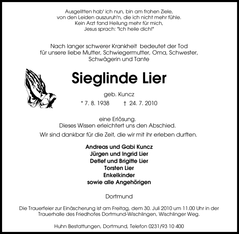  Traueranzeige für Sieglinde Lier vom 27.07.2010 aus Tageszeitung