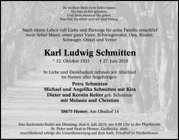 Traueranzeige von Karl Ludwig Schmitten von Tageszeitung