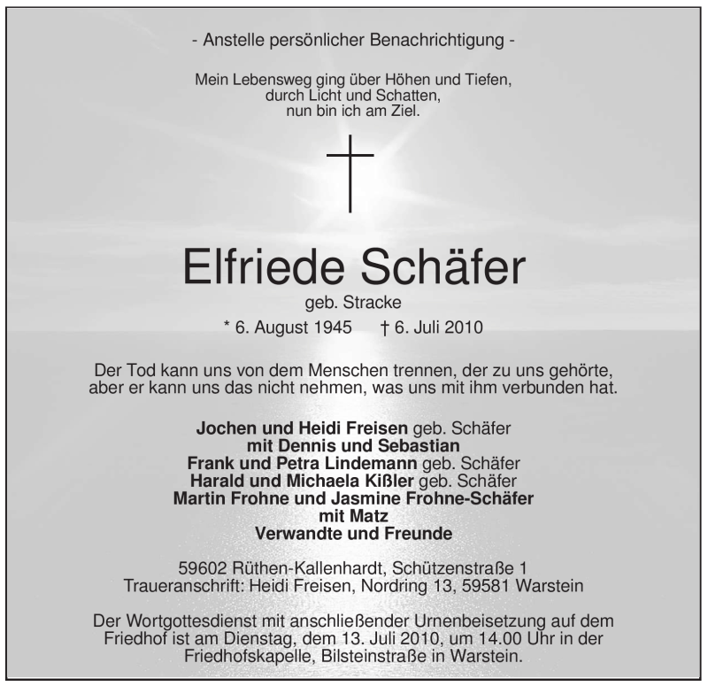  Traueranzeige für Elfriede Schäfer vom 08.07.2010 aus Tageszeitung