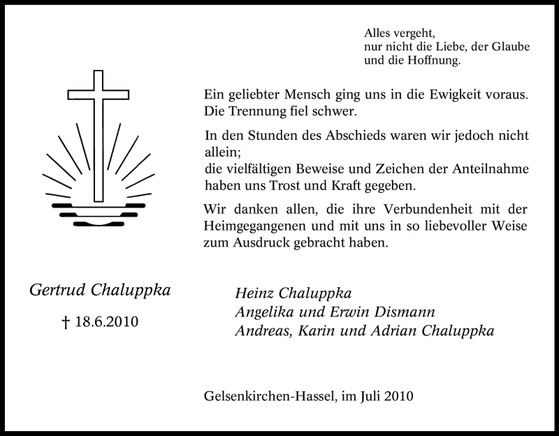  Traueranzeige für Gertrud Chaluppka vom 16.07.2010 aus Tageszeitung