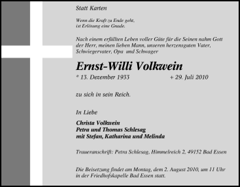Traueranzeige von Ernst-Willi Volkwein von Tageszeitung