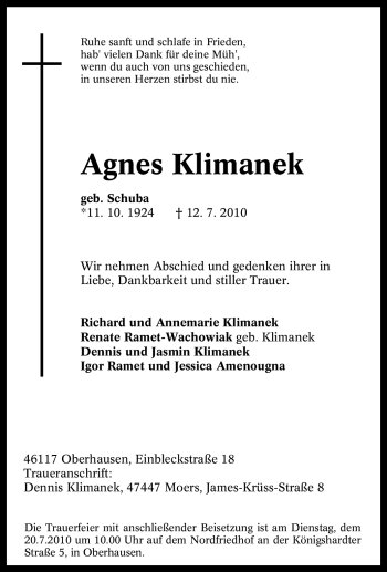 Traueranzeige von Agnes Klimanek von Tageszeitung