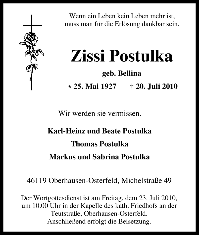 Traueranzeige für Zissi Postulka vom 22.07.2010 aus Tageszeitung