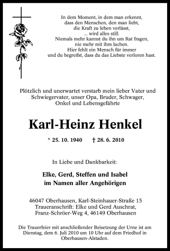 Traueranzeige von Karl-Heinz Henkel von Tageszeitung