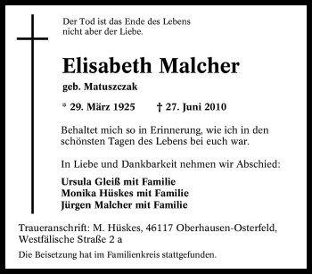Traueranzeige von Elisabeth Malcher von Tageszeitung