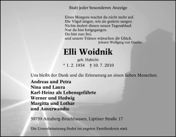 Traueranzeige von Elli Woidnik von Tageszeitung