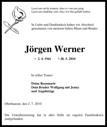 Traueranzeige von Jörgen Werner von Tageszeitung