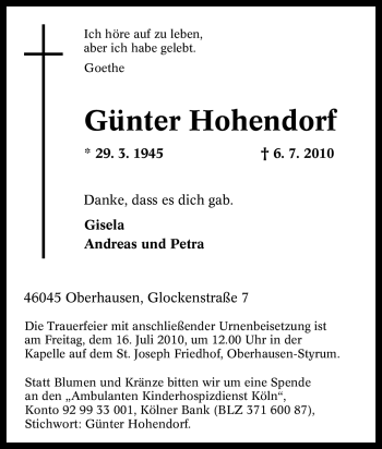 Traueranzeige von Günter Hohendorf von Tageszeitung