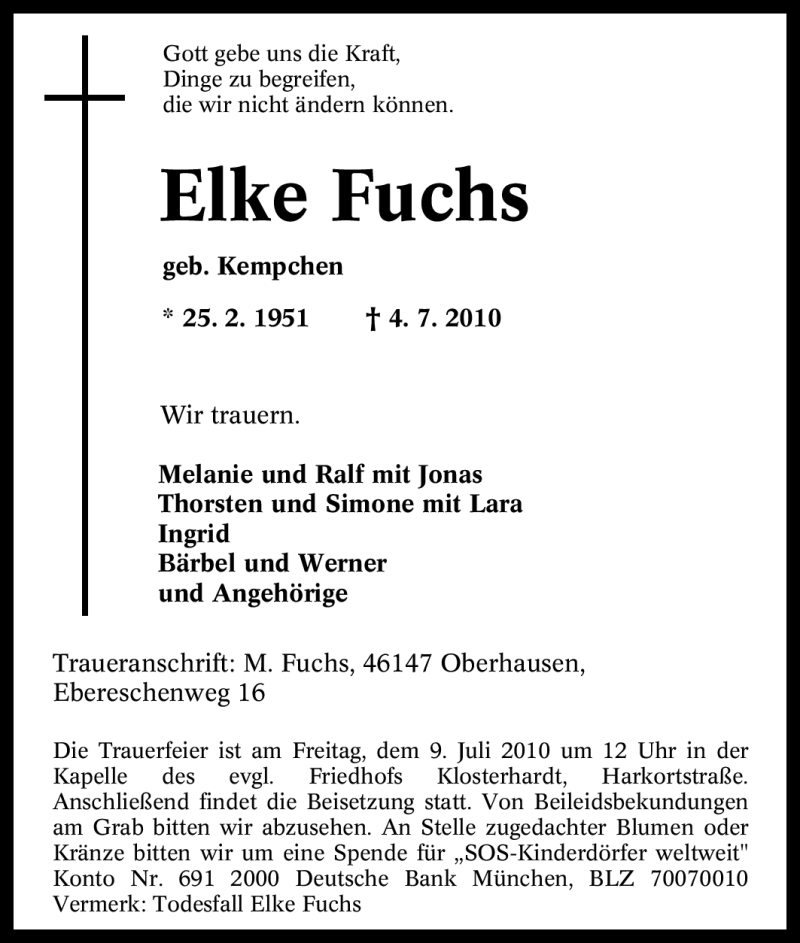  Traueranzeige für Elke Fuchs vom 06.07.2010 aus Tageszeitung