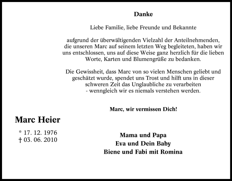  Traueranzeige für Marc Heier vom 03.07.2010 aus Tageszeitung