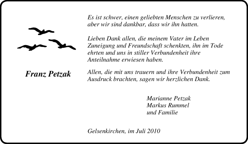  Traueranzeige für Franz Petzak vom 03.07.2010 aus Tageszeitung