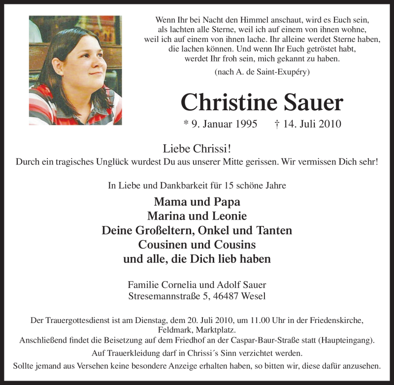  Traueranzeige für Christine Sauer vom 17.07.2010 aus Tageszeitung
