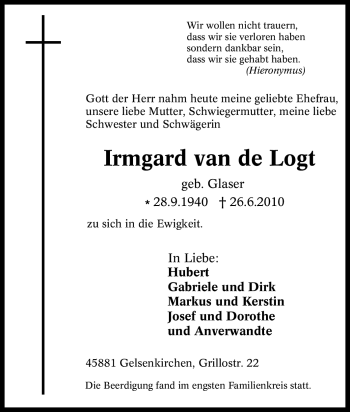 Traueranzeige von Irmgard van de Logt von Tageszeitung