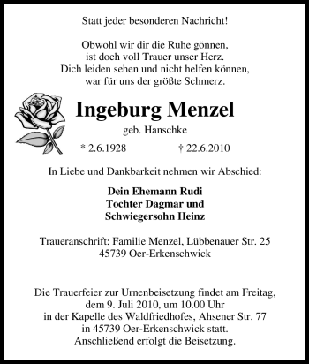 Traueranzeige von Ingeburg Menzel von Tageszeitung