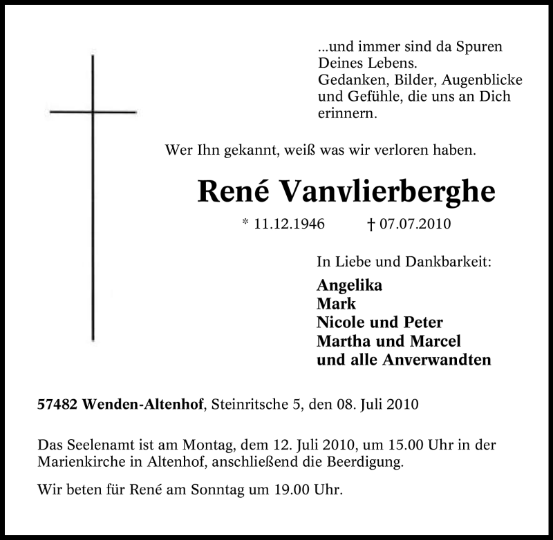  Traueranzeige für Renè Vanvlierberghe vom 10.07.2010 aus Tageszeitung