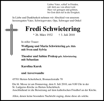 Traueranzeige von Fredi Schwietering von Tageszeitung