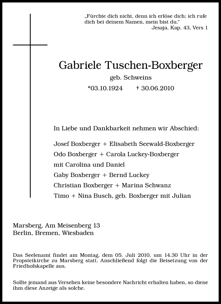  Traueranzeige für Gabriele Tuschen-Boxberger vom 03.07.2010 aus Tageszeitung