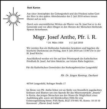 Traueranzeige von Josef Anthe von Tageszeitung