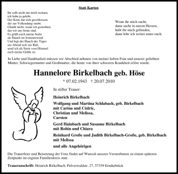 Traueranzeige von Hannelore Birkelbach von Tageszeitung