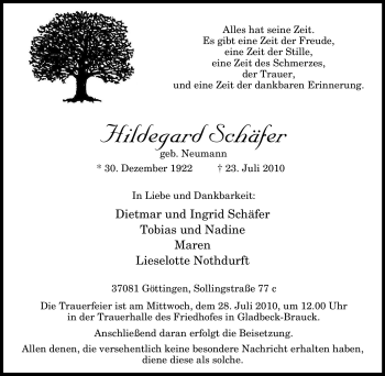 Traueranzeige von Hildegard Schäfer von Tageszeitung