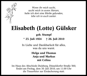 Traueranzeige von Elisabeth Gülsker von Tageszeitung