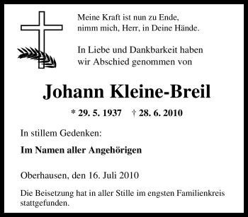 Traueranzeige von Johann Kleine-Breil von Tageszeitung