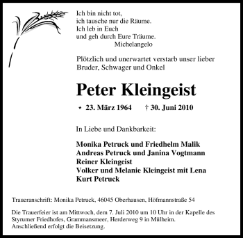 Traueranzeige von Peter Kleingeist von Tageszeitung