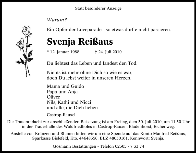  Traueranzeige für Svenja Reißaus vom 28.07.2010 aus Tageszeitung