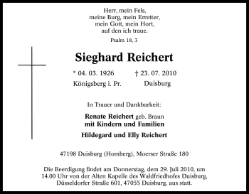 Traueranzeige von Sieghard Reichert von Tageszeitung