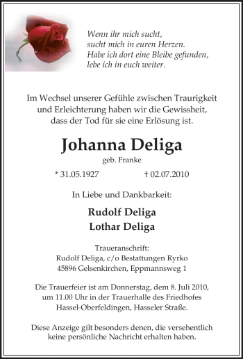 Traueranzeige von Johanna Deliga von Tageszeitung