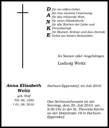 Traueranzeige von Anna Elisabeth Weitz von Tageszeitung