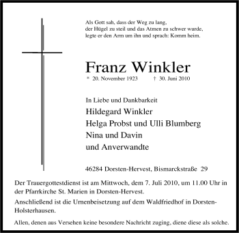 Traueranzeige von Franz Winkler von Tageszeitung