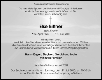 Traueranzeige von Else Bittner von Tageszeitung