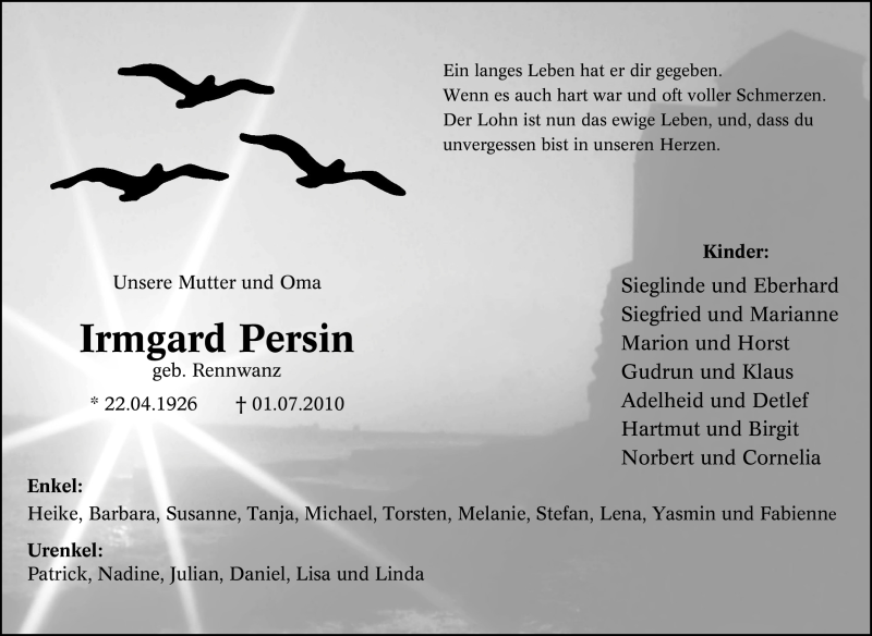  Traueranzeige für Irmgard Persin vom 03.07.2010 aus Tageszeitung