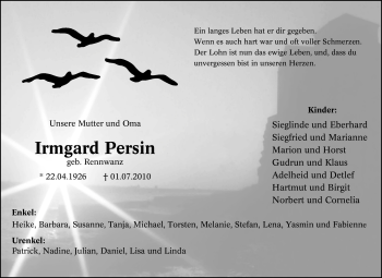 Traueranzeige von Irmgard Persin von Tageszeitung