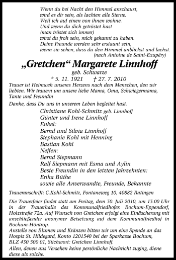 Traueranzeige von Gretchen Margarete Linnhoff von Tageszeitung