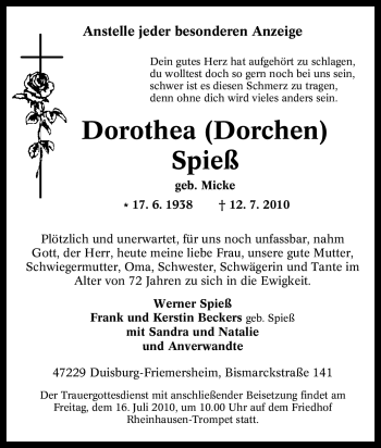 Traueranzeige von Dorothea Spieß von Tageszeitung