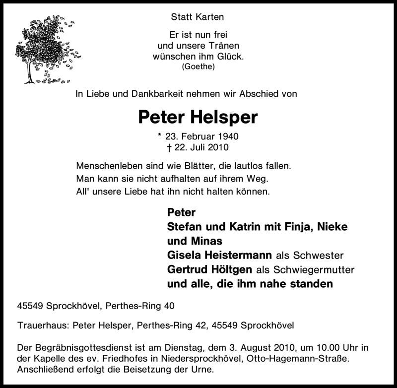  Traueranzeige für Peter Helsper vom 30.07.2010 aus Tageszeitung